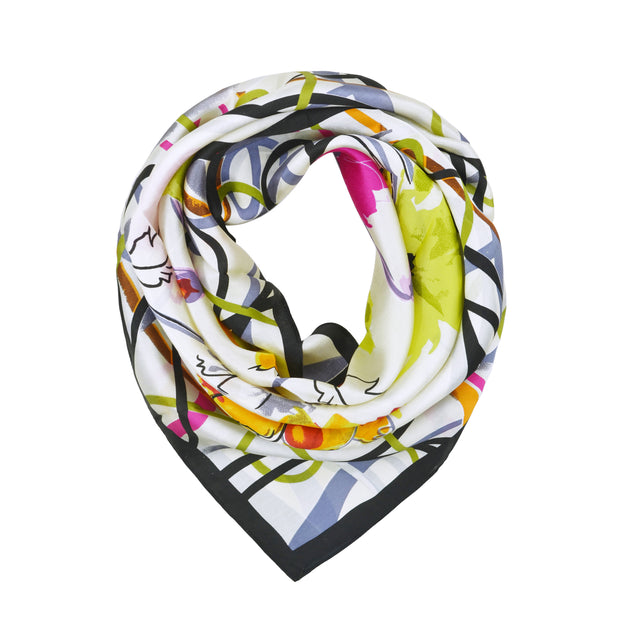 Women's 100% Silk Square Scarf with Graphic Print, 33*33 Inch (White Flowers Print)