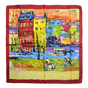 Women's 100% Silk Square Scarf with Graphic Print, 33*33 Inch (colorful house' oil painting print)
