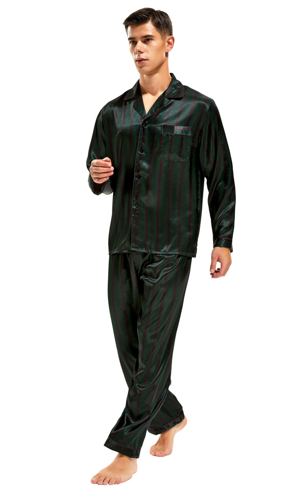Men's Silk Satin Pajama Set Long Sleeve-Green and Burgundy Striped