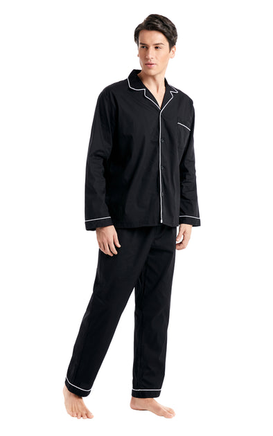 Men s Cotton Long Sleeve Woven Pajama Set Black with White Piping Tony Candice