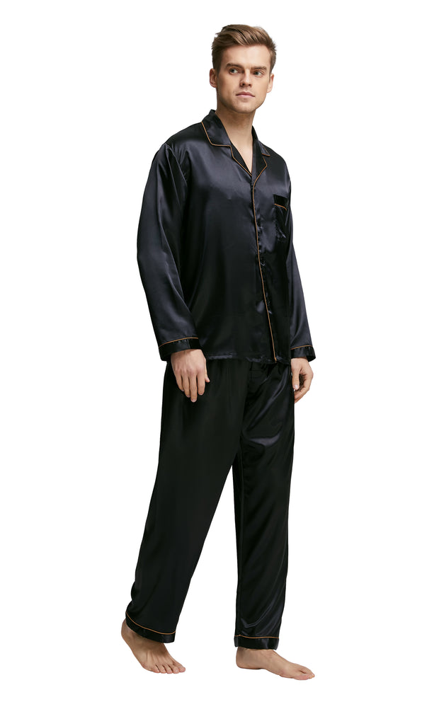 Men's Silk Satin Pajama Set Long Sleeve-Black with Golden Piping