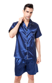 Men's Silk Satin Pajama Set Short Sleeve-Navy Blue with White Piping