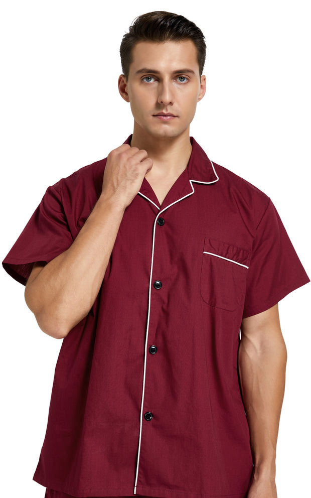 Men's Cotton Short Sleeve Woven Pajama Set-Burgundy with White Piping