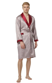 Men's Satin Long Sleeve Robe with Shorts Set-Beige/Burgundy