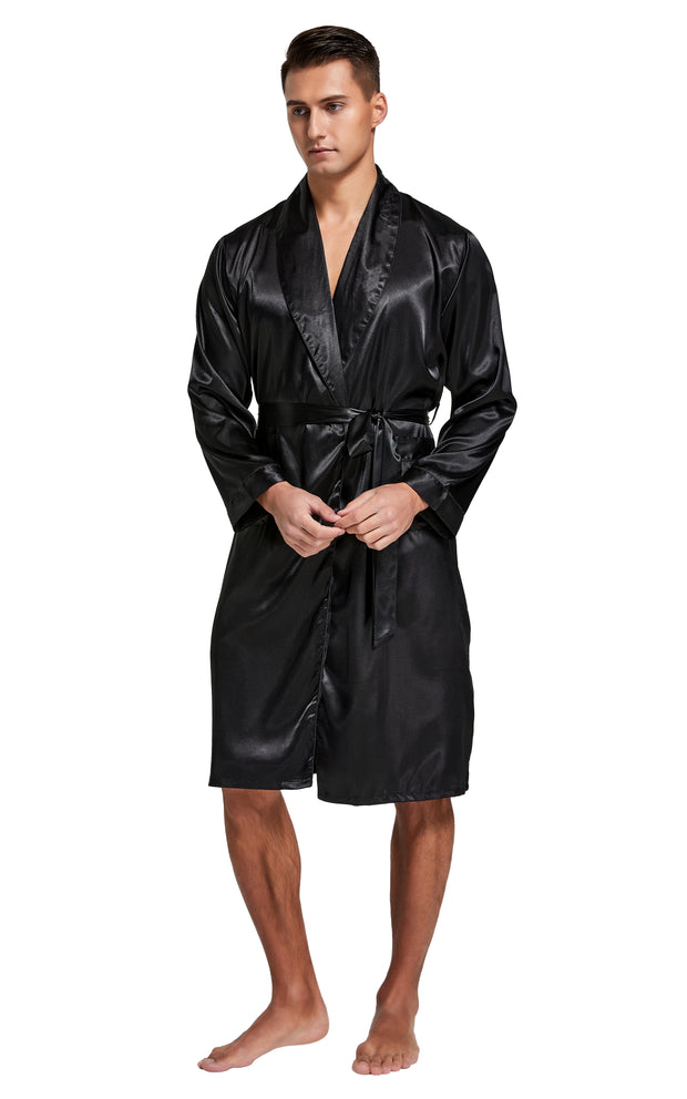 Men's Satin Long Sleeve Robe with Shorts Set-Black