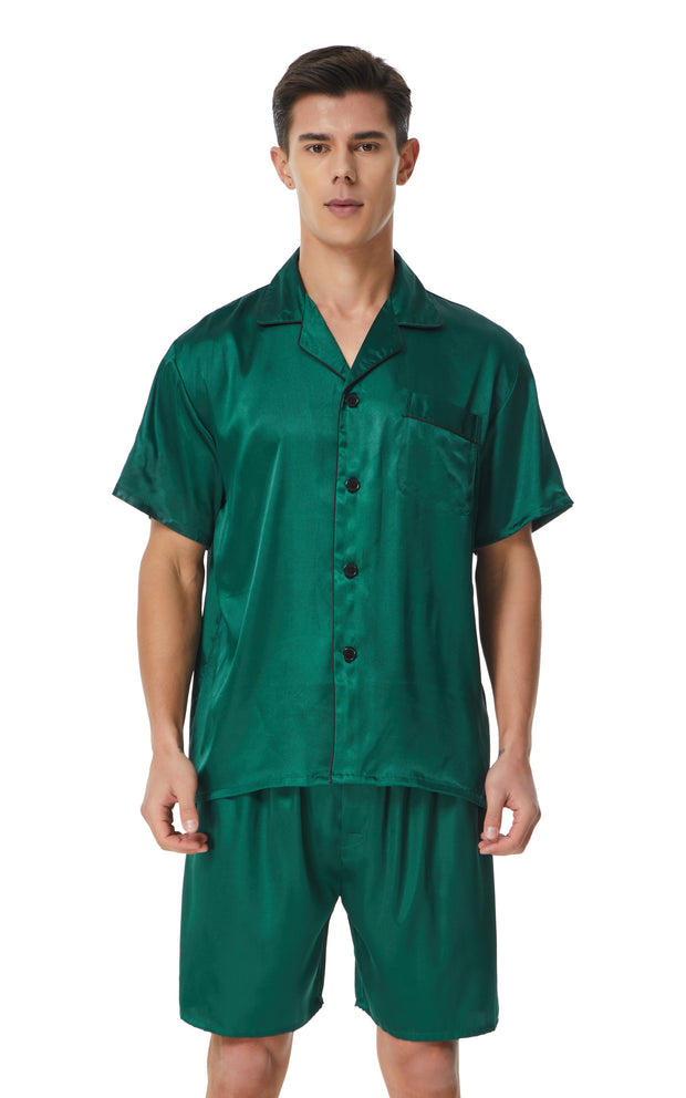 Men's Silk Satin Pajama Set Short Sleeve-Deep Green with Black Piping