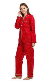 Women's Cotton Long Sleeve Flannel Pajama Set-Red with Beige Stars