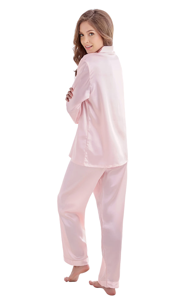 Women's Silk Satin Pajama Set Long Sleeve-Light Pink with White Piping