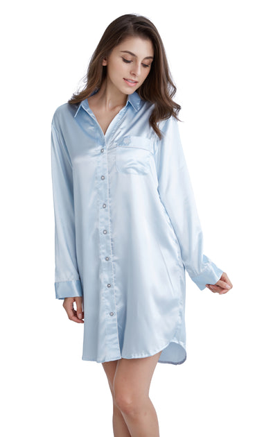 Women's Satin Nightshirt Boyfriend Style Sleep Shirt-Light Blue