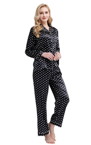 Women's Silk Satin Pajama Set Long Sleeve-Black and White Polka Dot