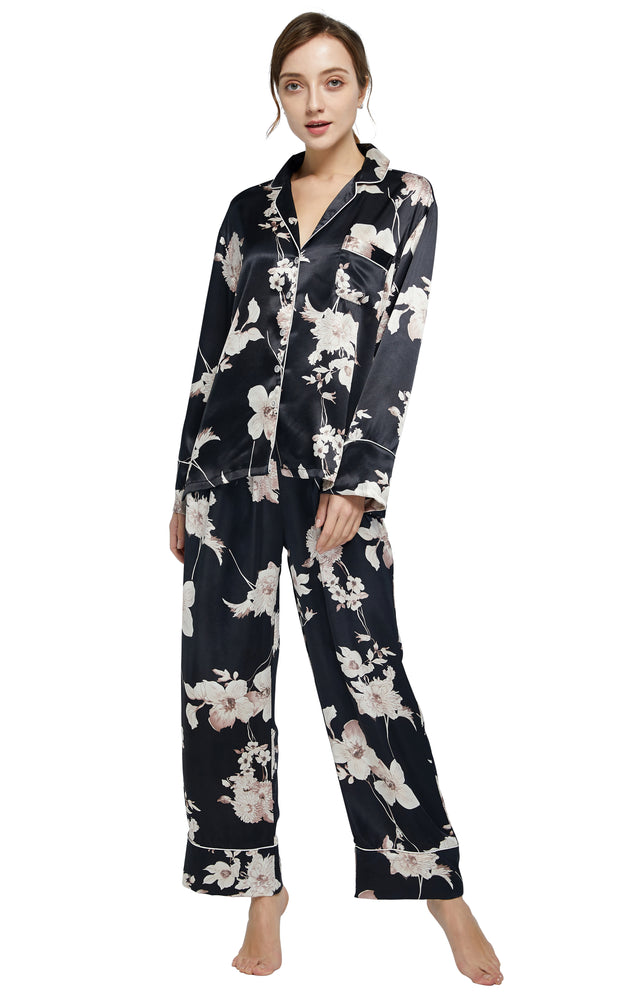 Women's Silk Satin Pajama Set Long Sleeve-Black with Blooms