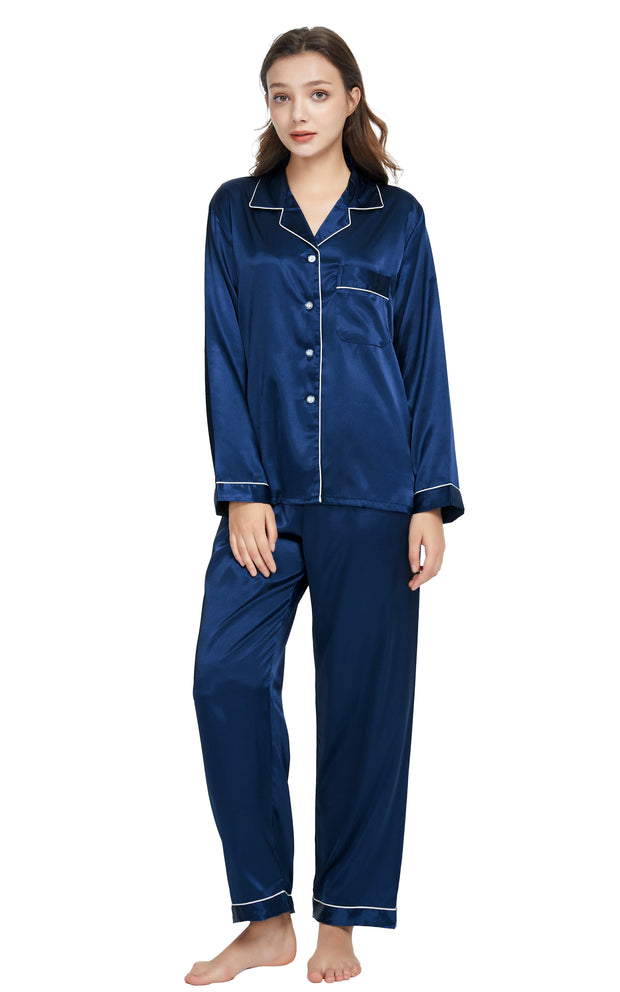 Women's Silk Satin Pajama Set Long Sleeve-Navy Blue with White Piping