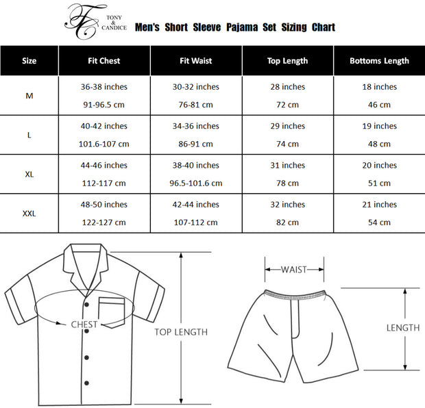 Men's Silk Satin Pajama Set Short Sleeve-Black with Blue Leaf Patterns