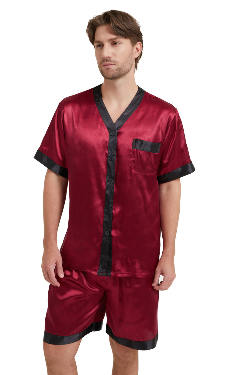 Men's Silk Satin V-Neck Pajama Set Short Sleeve-Burgundy
