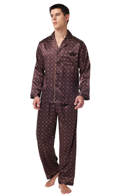 Men's Silk Satin Pajama Set Long Sleeve-Brown With Graphic Patterns