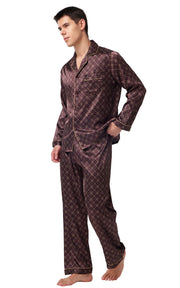 Men's Silk Satin Pajama Set Long Sleeve-Brown With Graphic Patterns