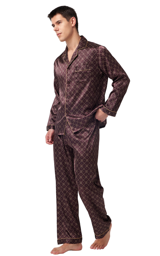 Men's Silk Satin Pajama Set Long Sleeve-Brown With Graphic Patterns