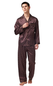 Men's Silk Satin Pajama Set Long Sleeve-Brown With Graphic Patterns