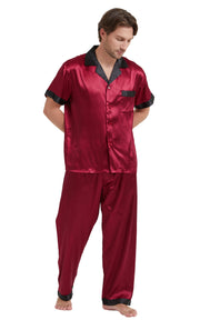Men's Silk Satin Pajama Set Short Sleeve Loungewear with Long Pants- Burgundy With Black Collar