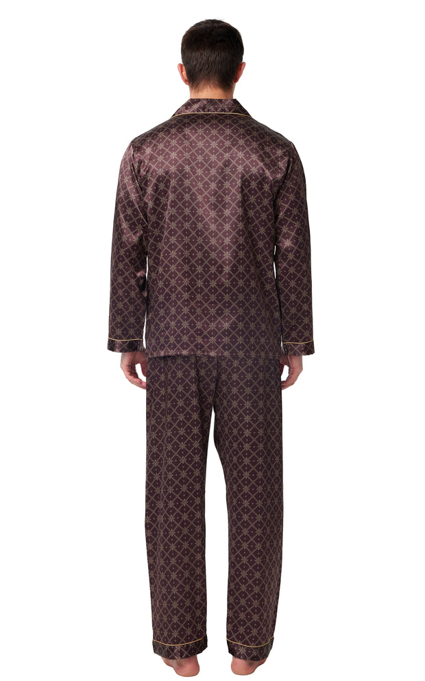 Men's Silk Satin Pajama Set Long Sleeve-Brown With Graphic Patterns