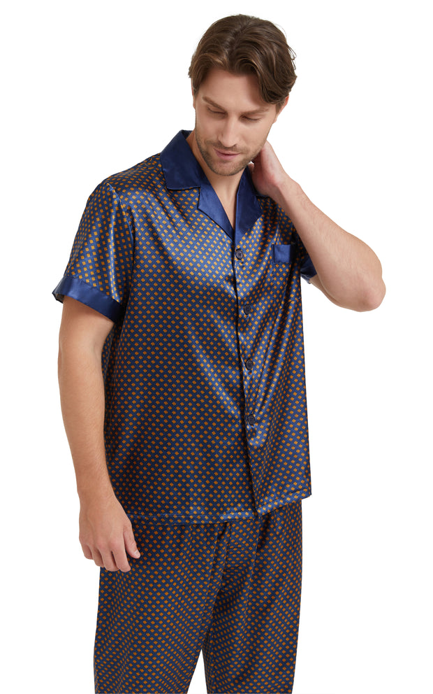 Men's Silk Satin Pajama Set Short Sleeve Loungewear with Long Pants-Navy and Golden Diamond