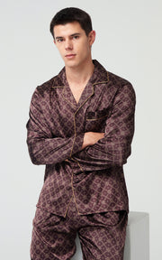 Men's Silk Satin Pajama Set Long Sleeve-Brown With Graphic Patterns