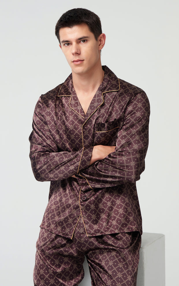Men's Silk Satin Pajama Set Long Sleeve-Brown With Graphic Patterns