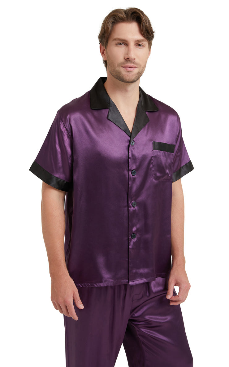 Men's Silk Satin Pajama Set Short Sleeve Loungewear with Long Pants-Dark Purple With Black Collar