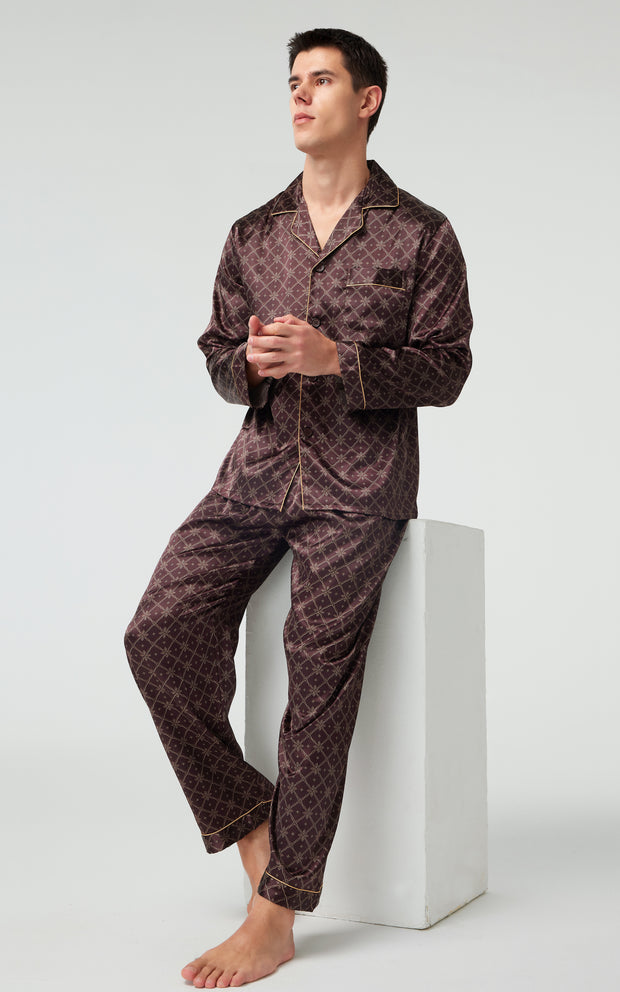 Men's Silk Satin Pajama Set Long Sleeve-Brown With Graphic Patterns