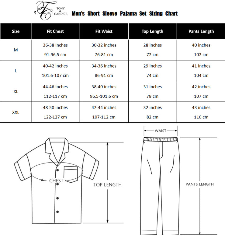 Men's Silk Satin Pajama Set Short Sleeve Loungewear with Long Pants-Navy and Golden Diamond
