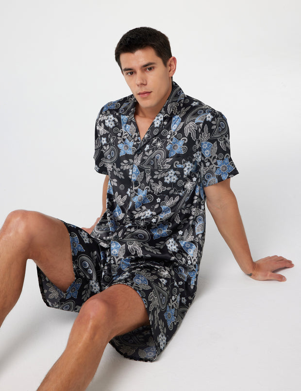 Men's Silk Satin Pajama Set Short Sleeve-Black with Blue Leaf Patterns