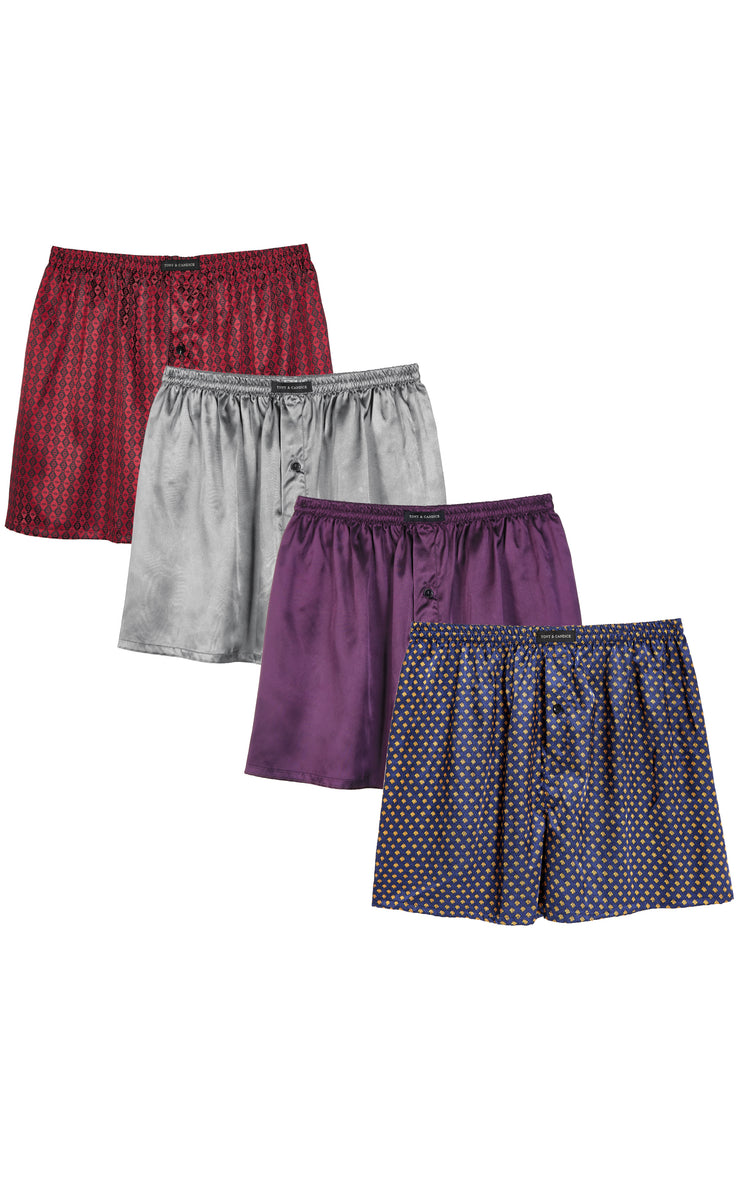 Men's Satin Boxer Briefs, Sleep Shorts Underwear (Pack of 4)-Navy/Golden+Gray+Purple+Burgundy with Black Diamonds