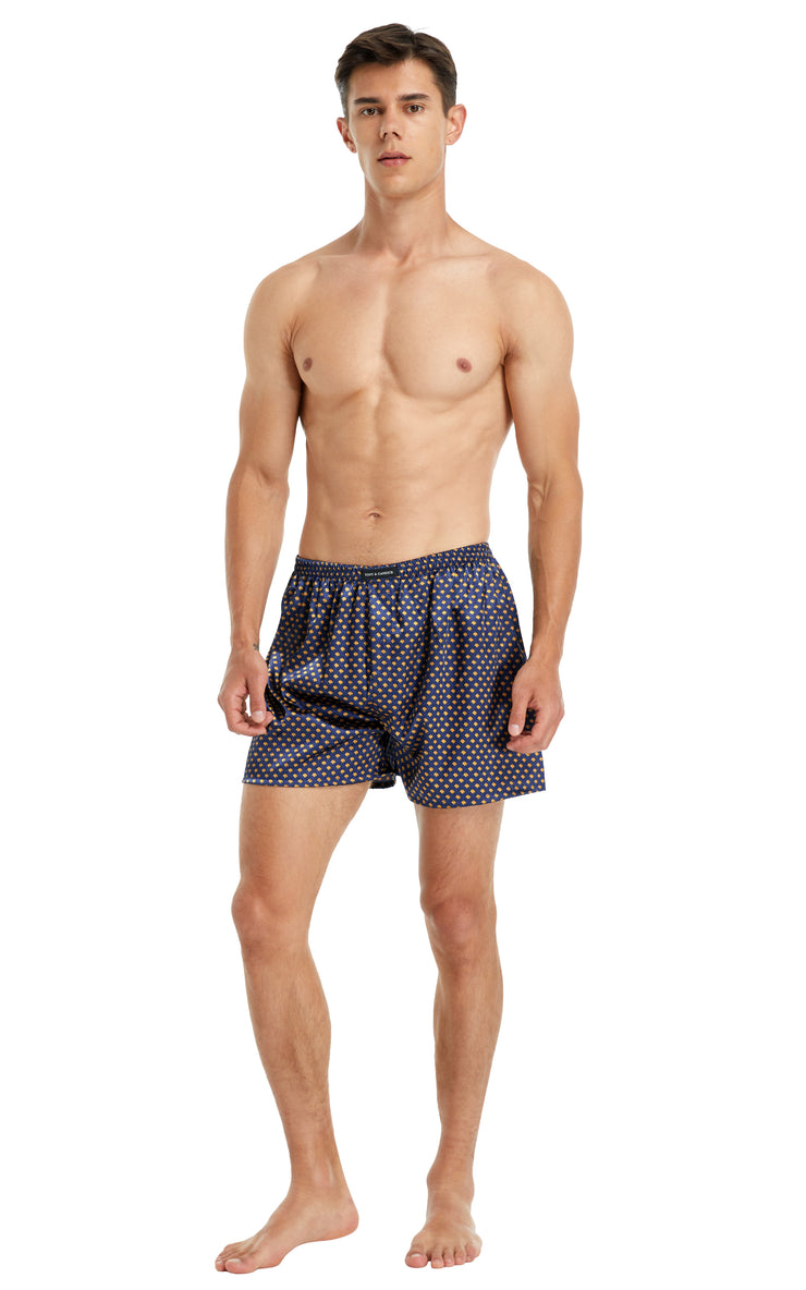 Men's Satin Boxer Briefs, Sleep Shorts Underwear (Pack of 4)-Navy/Golden+Gray+Purple+Burgundy with Black Diamonds