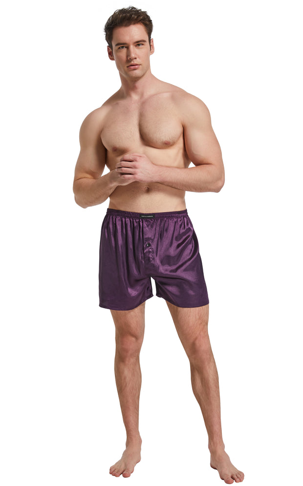 Men's Satin Boxer Briefs, Sleep Shorts Underwear (Pack of 4)-Navy/Golden+Gray+Purple+Burgundy with Black Diamonds
