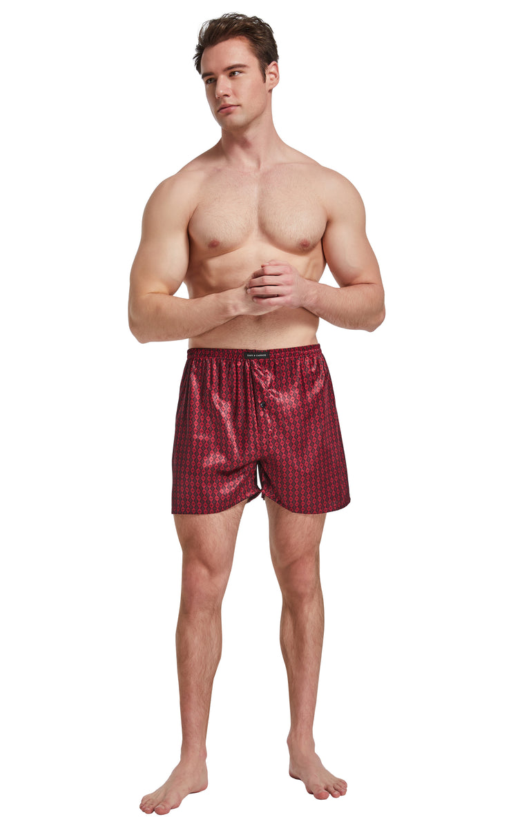 Men's Satin Boxer Briefs, Sleep Shorts Underwear (Pack of 4)-Navy/Golden+Gray+Purple+Burgundy with Black Diamonds