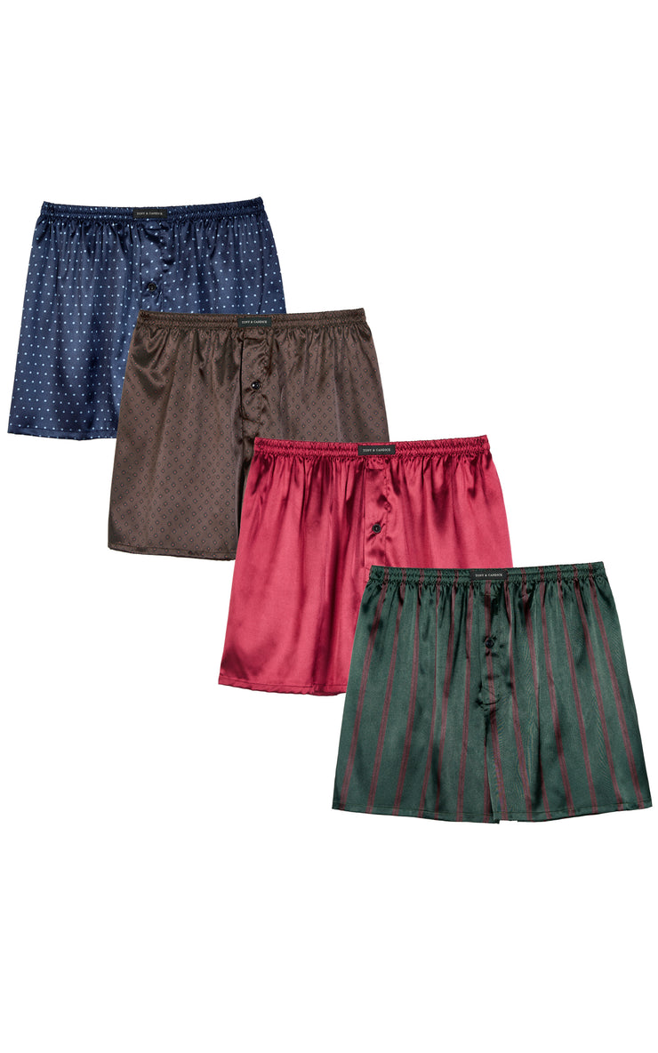 Men's Satin Boxer Briefs, Sleep Shorts Underwear (Pack of 4)-Green/Burgundy Striped+Chestnut+Burgundy+Navy Blue Polka Dots