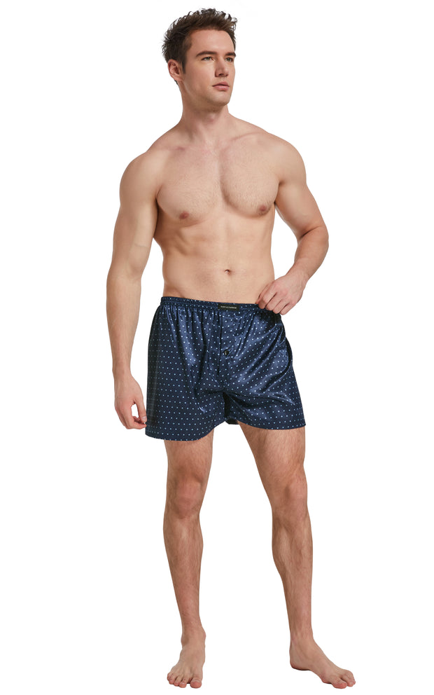 Men's Satin Boxer Briefs, Sleep Shorts Underwear (Pack of 4)-Green/Burgundy Striped+Chestnut+Burgundy+Navy Blue Polka Dots