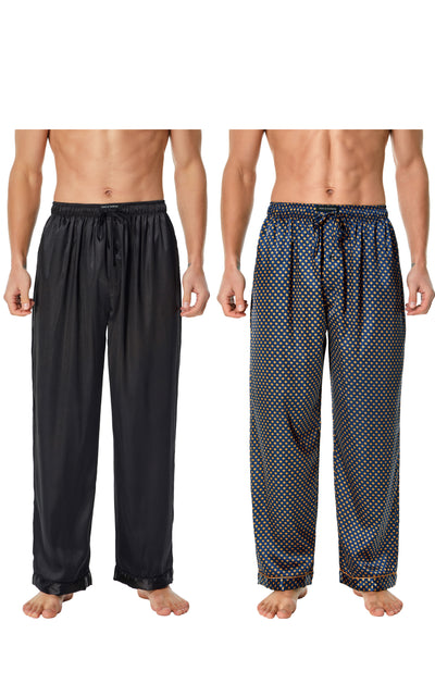 Men's Satin Pajama Pants, Long PJ Bottoms (Pack of 2)-Black+Navy/Golden