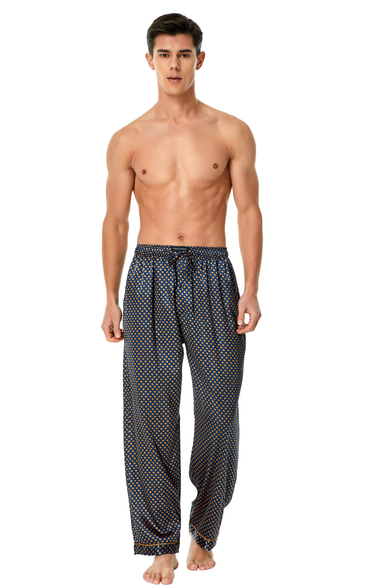 Men's Satin Pajama Pants, Long PJ Bottoms (Pack of 2)-Black+Navy/Golden