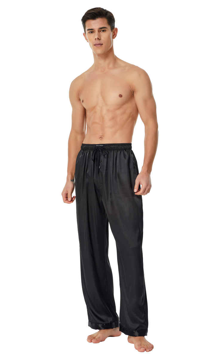 Men's Satin Pajama Pants, Long PJ Bottoms (Pack of 2)-Black+Navy/Golden