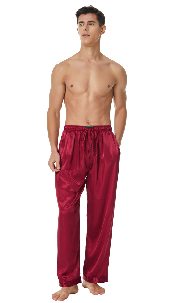 Men's Satin Pajama Pants, Long PJ Bottoms (Pack of 2)-Black+Burgundy