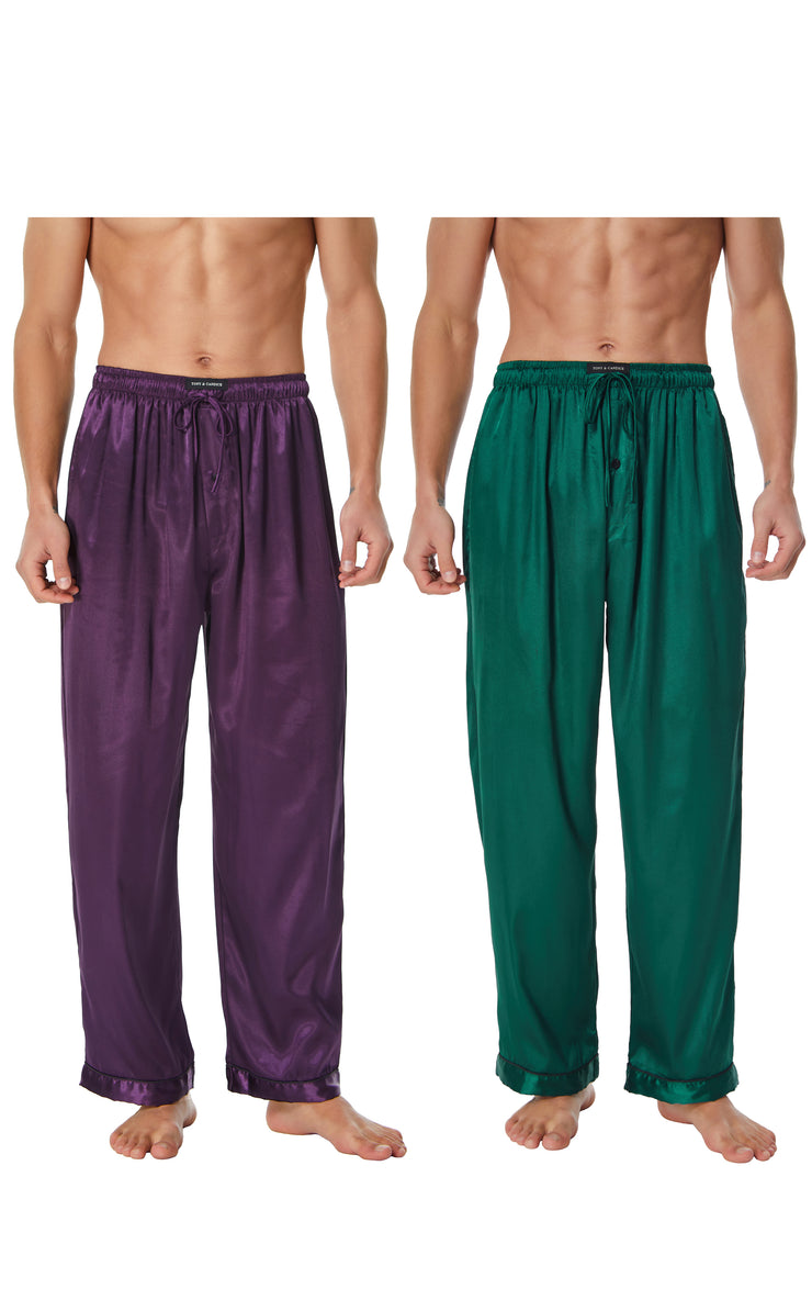 Men's Satin Pajama Pants, Long PJ Bottoms (Pack of 2)-Deep Green+Dark Purple
