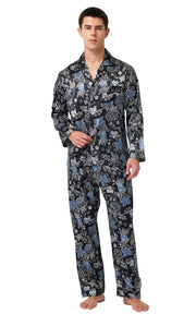 Men's Silk Satin Pajama Set Long Sleeve-Black with Blue Leaf Patterns