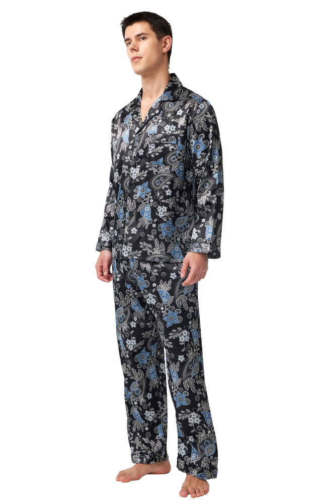 Men's Silk Satin Pajama Set Long Sleeve-Black with Blue Leaf Patterns