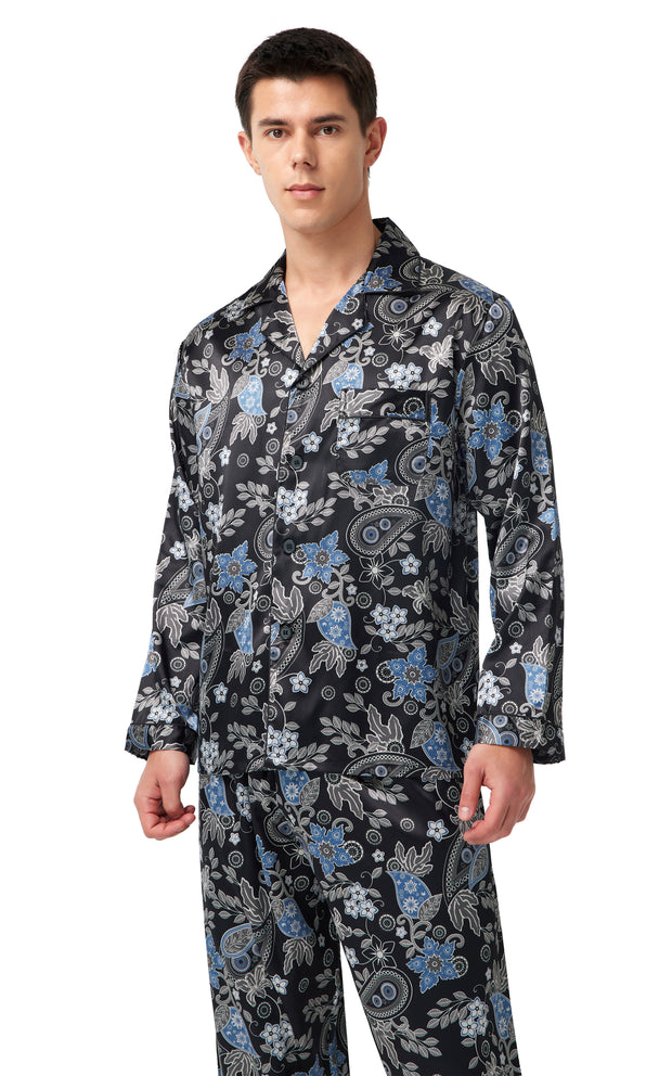 Men's Silk Satin Pajama Set Long Sleeve-Black with Blue Leaf Patterns