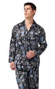 Men's Silk Satin Pajama Set Long Sleeve-Black with Blue Leaf Patterns