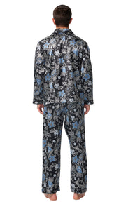 Men's Silk Satin Pajama Set Long Sleeve-Black with Blue Leaf Patterns
