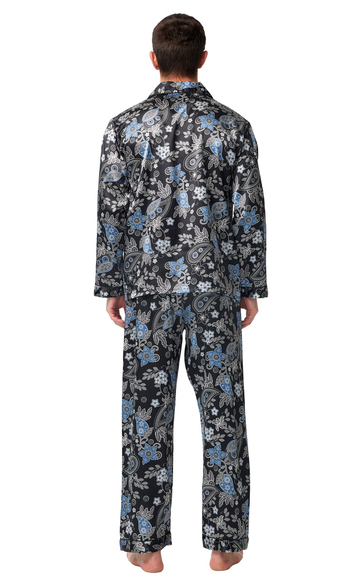Men's Silk Satin Pajama Set Long Sleeve-Black with Blue Leaf Patterns