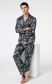 Men's Silk Satin Pajama Set Long Sleeve-Black with Blue Leaf Patterns