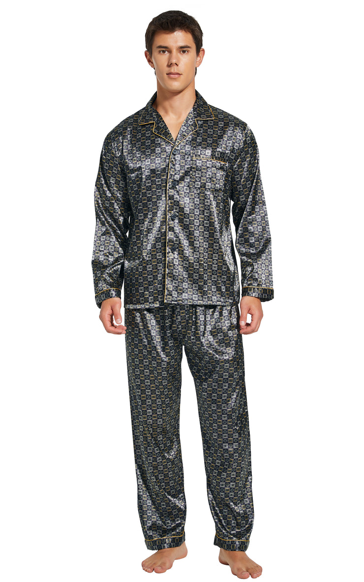 Men's Silk Satin Pajama Set Long Sleeve-Golden/White Check